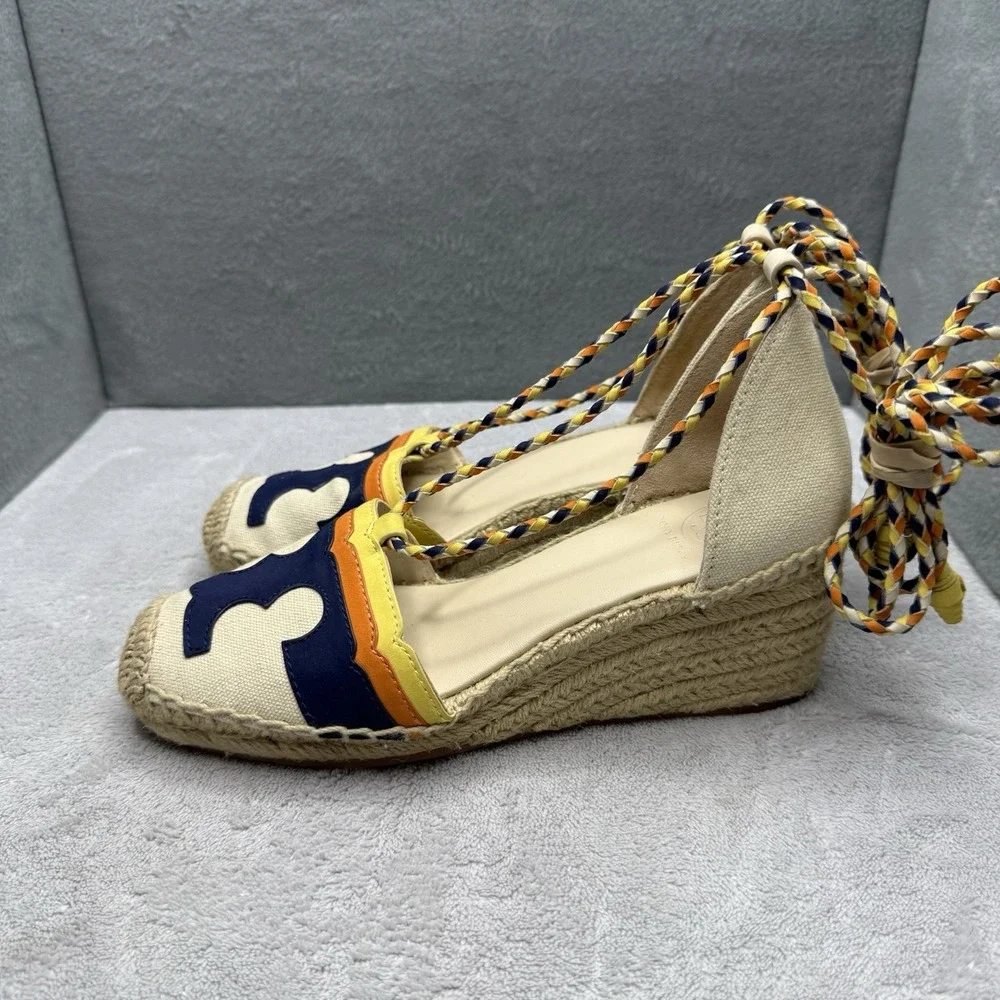 Tory Burch Laguna 60 Espadrille Wedge Sandals Women's 5M Ivory Navy Orange